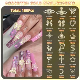 180 Pcs Metal Gold Butterfly Bows Nail Charms, 3D Alloy Cross Planet Heart Nail Charms, Golden Moon Star Nail Charms Gems for Acrylic Nails, Alloy Nail Art Charms for Nails DIY Crafts Accessories