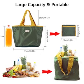Reusable Foldable Grocery Shopping Bag with Pocket Extra Wide Handle Portable Durable Washable Beach Tote Bags for Women Kid's Toys Travel Picnic，Colorfast & Drawstring design（Green）