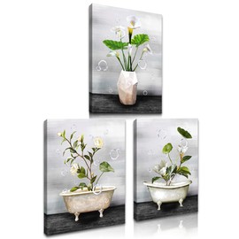 LoveHouse Bathtub Flower Picture for Bathroom Wall decor Premium Giclee Canvas Wall Art Grey White Camellia Common Callalily Floral Artwork for Living Room Bedroom Kitchen Easy to Hang 12X16inchx3pcs