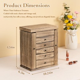 Emfogo Wooden Jewelry Box for Women, 6-Tier Large Jewelry Organizer Boxes with Mirror Rustic Solid Wood jewlery Storage Display for Rings Earrings Necklaces Bracelets watches(Carbonized Brown)