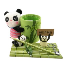 Cute Black and White Panda Theme Stationery Set Include 12 HB Bamboo Pencils 1 Pencil Holder 1 Memo Holder Organizer 1 Ceramic Panda Toy 1 Keychain for Kids School Study Gift