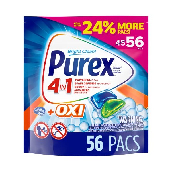 Purex 4-in-1 + OXI Laundry Detergent Pacs, Fresh Morning Burst, 56 Count