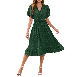 AliChan Women Swiss Dot Midi Dresses Short Sleeve V Neck Boho Ruffle Long Dresses for Summer Wedding, Dark Green-L