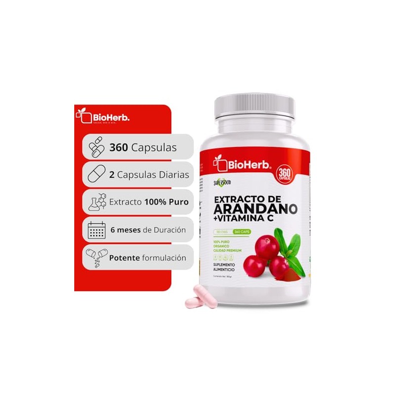 Bioherb Arándano Rojo Orgánico Vitamina 360 Cápsulas Extracto 100 Puro