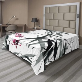 Ambesonne Japanese Flat Sheet, Natural Bamboo Stems Cherry Blossom Japanese Inspired Folk Print, Soft Comfortable Top Sheet Decorative Bedding 1 Piece, California King, Green Fuchsia