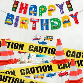 SKIRUP Car Theme Birthday Party Supplies Set, Traffic Banner, Cardboard Vehicles, Traffic Cones Balloons, Cupcake Toppers for Birthday Party Decor