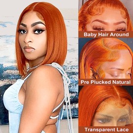 Ginger Orange Glueless Bob Wigs Human Hair Pre Plucked 13x4 HD Transparent Lace Frontal Wigs Wear and Go Ginger Bob Wig Human Hair for Women 180% Density Orange Straight Short Bob Wig 8 Inch 350#