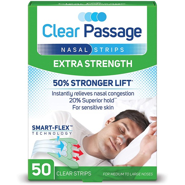 Clear Passage Nasal Strips, Clear Extra Strength, 50 Count | Works Instantly to Improve Sleep, Reduce Snoring, Relieve Nasal Congestion Due to Colds & Allergies (Clear)