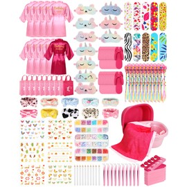 Suhine 10 Set Spa Party Supplies for Girls, Kids Satin Robes Nail Salon Kit Spa Kit Accessories for Birthday Party Favors (Sweet Colors)