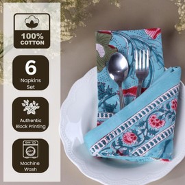 THE Unltd India Teal Cloth Napkin, 100% Cotton 18x18 inch Set of 6 Floral Napkins, Block Printed Decorative Table napkin for Dining, Unique Gift for Thanksgiving, Christmas, and Anniversary (45x45 cm)