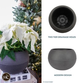The HC Companies 12 Inch Atlas Sphere Planter - Lightweight Decorative Round Indoor Outdoor Plastic Plant Pot for Herbs and Flowers, Gray