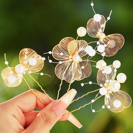 BARTOSI Gold Bride Wedding Hair Pins Pearl Hair Pieces Bridal Hair Accessories for Women and Girls (Pack of 3) (Gold)