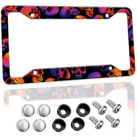 Colorful Skull License Plate Frame Cool Skull Goth Aluminum License Plate Holder Personalise Car Tags Decorative Car Accessories with Screws for Women Men Fit Standard Us Canada Vehicle 12.3x6.3 inch