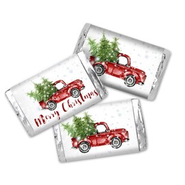 Snowy Christmas Truck Miniature Chocolate Candy Bar Sticker Wrappers, 45 Wrap Around Labels Sized 1.4" x 2.6" by AmandaCreation, Great for Holiday Party Favors & Goodie Bags