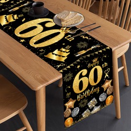 Happy 60th Birthday Decorations for Women Men,60th Birthday Party Supplies Black Gold Table Runner Vintage Party Table Decor Celebrate Anniversary Non-Slip Kitchen Dining Table Linen Cloth Decorations