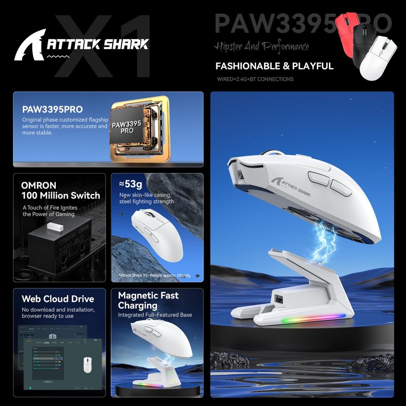 ATTACK SHARK X1 Ultralight Wireless Gaming Mouse with Magnetic RGB
