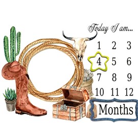 TERSUM Western Cowboy Baby Monthly Milestone Blanket, 48x40in Rope Boots Hat Blanket Soft Flannel Newborn Baby Shower, New Mom Gift Baby Growth Chart Photography Blanket Contain 2 Props BTMYTE86