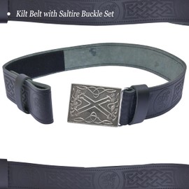 Kilt Belt & Buckle Set – Highland Saltier Pewter Buckle with Lion Rampant Embossed Leather kilt Belt, Elegant Traditional Scottish Attire, Kilts for Men (Antique - Silver, S - 26" - 30")