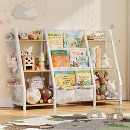 Kids Bookshelf and Toy Organizer: 3-Tier Book Shelf for Kids Room, Sling Book Shelf Toddler Montessori Bookcase with Toy Storage for Nursery, Bedroom, Playroom (Burlywood)