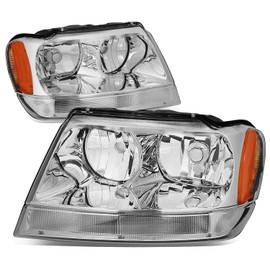 Auto Dynasty Headlights Assembly Compatible with 1999-2004 Jeep Grand Cherokee WJ, Driver and Passenger Side Halogen Headlamps Replacement, CH2502121 CH2503121, Chrome Housing Amber Corner