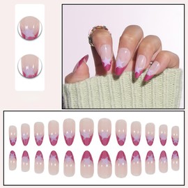 24PCS Medium Press on Nails Almond Fake Nails Red French Nail and Big Star Pattern Acrylic False Nail Design Full Cover Stick on Nails Glue on Nails for Women and Girls DIY