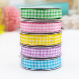 Easter Ribbons 5 Rolls 3/8 Inch Gingham Plaid Checked Ribbon, Pink Blue Purple Yellow Green 5 Color Perfect for Easter Decoration, Craft, Gift Wrapping, Wreath, Easter Basket Decoration