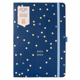 Busy B A5 Day- A-Page Diary - Mid-Year Academic Planner - Aug '25 - Aug '26 – Navy Spot Journal Cover - Diary with Day a Page Planner, Pen Loop, Notes, Timetables Year Planner & Elastic Closure