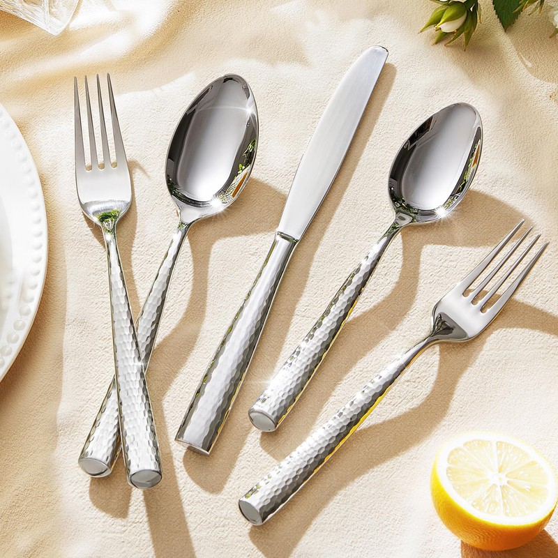 Kingstone Hammered Silverware Set, 20-Piece Flatware Set for 4, 18/10