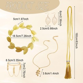 FUIPVGI 10 Pieces Greek Goddess Costume Accessories Set, Ancient Greek Costume Girls Include Golden Laurel Leaf Headpiece, Necklace, Earring, Waist Chain, Arm Ring, Women's Wedding Party Set (Gold)