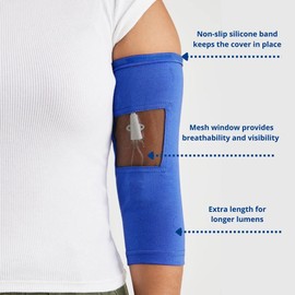 Care+Wear Cubierta larga PICC para línea – Cubiertas antimicrobianas de línea PICC ultra agarre para la parte superior del brazo que proporciona comodidad, seguridad y transpirabilidad con ventana de malla (XL, marino)