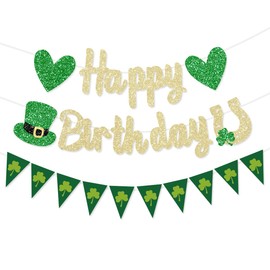 HCHinn Glitter St. Patrick's Day Birthday Banner Decorations Gold and Green Glitter Lucky Banner Lucky One 1st Shamrock Birthday Party Decorations for Irish Lucky Day Decorations