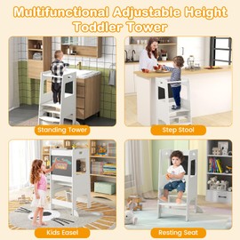 INFANS Toddler Standing Tower, Kids Montessori Kitchen Step Stool Helper with 2 Adjustable Height Learning Blackboard Safety Rail Wooden, Anti-Slip Mats, 1-3 Year Old Boy Girl Gifts (White)
