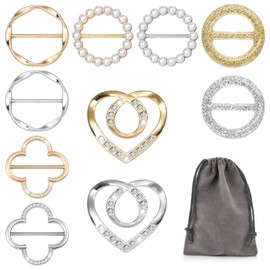 10 PCS Scarf Rings for Women, T-Shirt Tie Clips with 1 Storage Bag, Pearl Belt Buckles, Dress Cinch Clip, Silk Scarf Ring, Pearl/Heart-Shaped Buckles For Clothes Hat Belt Decor