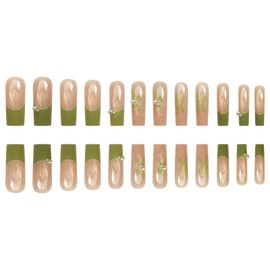 MERVF Long Square Press on Nails Green French Tip Fake Nails Press ons Flower Glue on Nails with 3D Pearls Design Squoval Spring Acrylic Glossy 24pcs False Nails