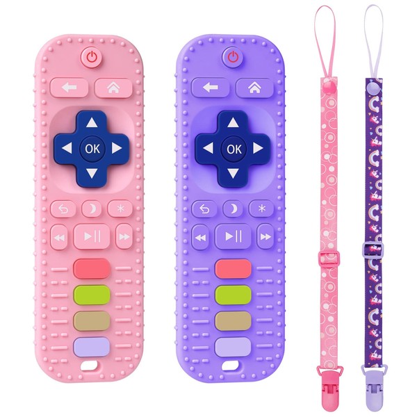 Aolso Silicone Baby Teething Toys, 2PCS Remote Control Shape Teething Toys,Teething Toys with 2PCS Pacifier Clip,Babies Chew Toys for BPA Free,3 Months+ Baby Teethers Soothe Toys(Pink&Purple)