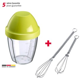 Westmark Set of 3: 2 mini whisks + 1 shaking cup (0.25 litres), stainless steel/high-quality plastic, silver/clear/green, 124722E6