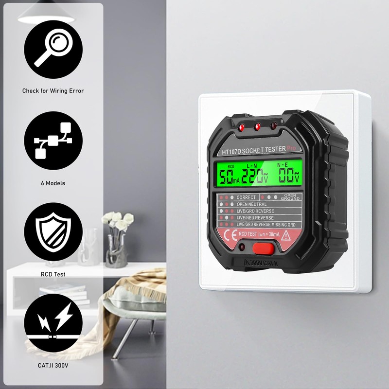 Socket Tester, 6 Modes Digital Socket Tester with RCD Test