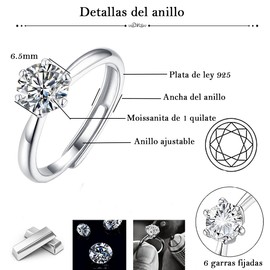 Anillo de Compromiso Mujer San Valentín Regalos para Mujer Regalo 14 de Febrero, Anillo Ajustable de Plata 925 de Moissanita, Anillo de Promesa para Mujer, Regalos Novia Esposa