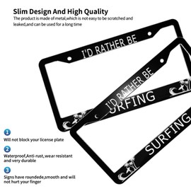 I'd Rather Be Surfing Aluminum Car License Plate Frame Auto Tag Holder with Accessories US Vehicles Standard 2 Holes (C226)