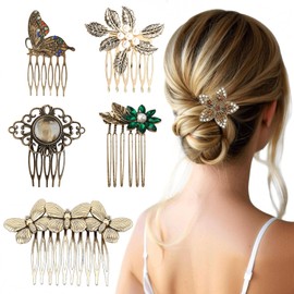 6 Pack Vintage gold Hair Side Combs for Women Decorative,Butterfly Flower Leaf Pearl Rhinestone Metal Hair Comb Tooth Clip with Teeth Grip Crystal Bridal Hair Piece Pins for Wedding Accessories(old gold)
