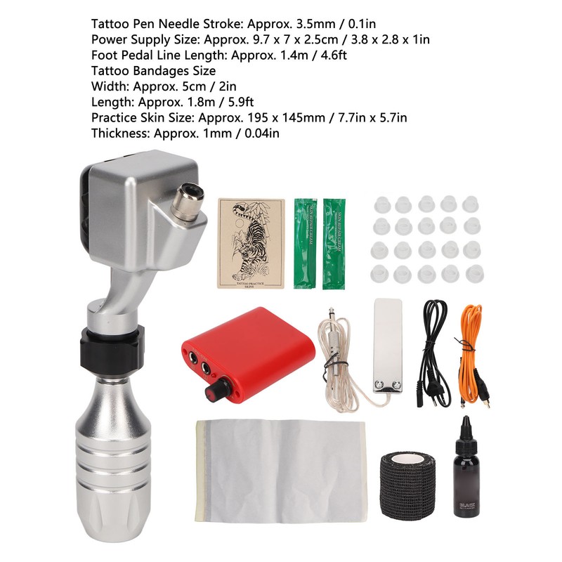 Rotary Tattoo Machine Kit Complete Professional Red Power Supply Silver
