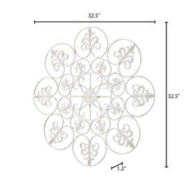 Sintosin Vintage Wrought Iron Wall Decor 32.5 Inches, Hanging Distressed White Large Round Metal Wall Art Decor for Living Room, Fleur De Lis Wall Decor above Bed, Metal Scroll Wall Sculptures