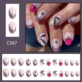 Pink French Tip Press on Nails Short Oval Fake Nails with Spider Web Bat Designs, Glitter Pumpkin False Nails Full Cover Stick on Nails Acrylic Reusable Artificial Nails for Women Girls 24Pcs