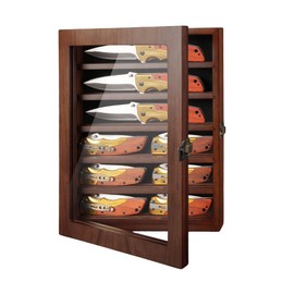DecoWoodo Knife Display Case for Wall, Lockable Pocket Knife Display Box with HD Tempered Glass, 6 Rows Military Folding Knives Shadow Box with Removable Shelves - 10.9" W x 13.8" H x 2.1" D, Walnut