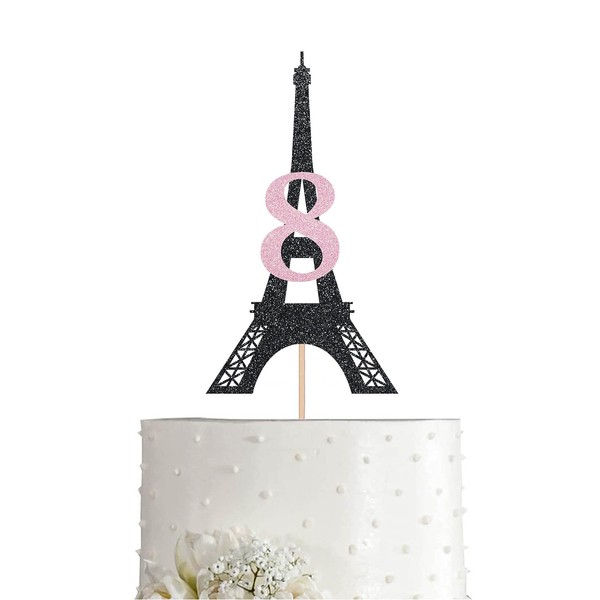 Paris 8th Birthday Cake Topper Black Pink Glitter Girl 8 Years Birthday Party Decoration, Supplies