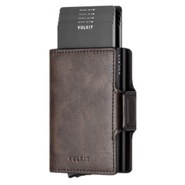VULKIT Portatarjetas de crédito con bloqueo RFID de piel automático plegable delgado con clip de dinero doble para hombres y mujeres