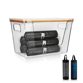 FHUIEWRY Large Trash Bag Dispenser with Bamboo Lid, Clear Open Front Trash Bag Holder with Plastic Bag Holder and Trash Bags 100 Counts for Kitchen Laundry Room Under Sink Organization and Storage