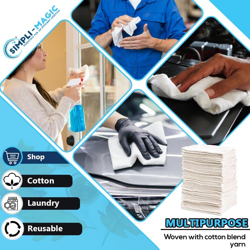 SIMPLI-MAGIC Cotton Shop Towels 14"x12" (145 Pack) – Reusable Cleaning