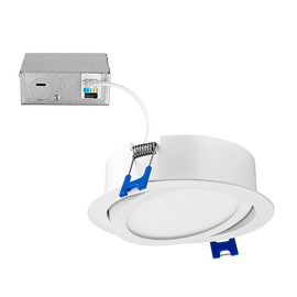 Maxxima 4 in. 5 CCT Ultra-Thin Recessed LED Gimbal Downlight 700 Lumens, Color Selectable 2700K-5000K (2700K/3000K/3500K/4000K/5000K), Dimmable, Canless, Slim IC Rated, Junction Box Included