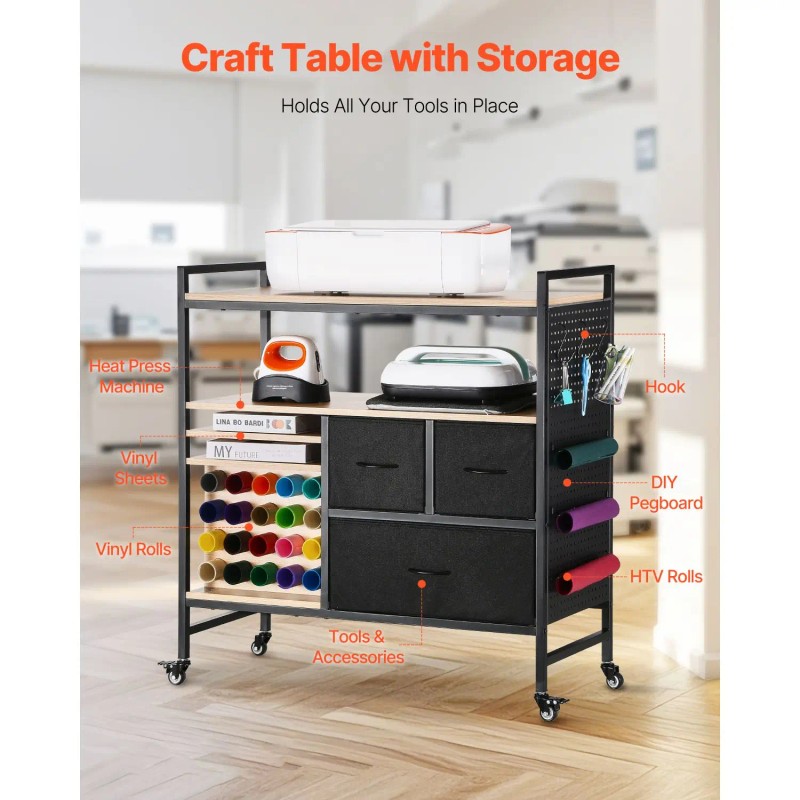 Rolling Craft Cart Storage Table with 20 Storage Bins &